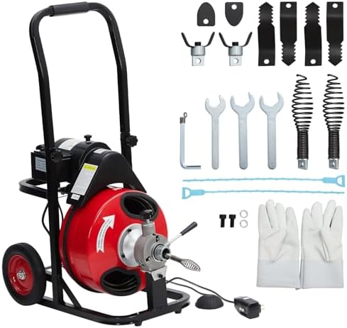 GarveeTech Auto Feed 100 ft x 3/8 in Drain Cleaner Machine with 250W Motor | Portable Sewer Snake Auger with 8 Cutters & Air-Activated Foot Switch, Fits 1 in to 4 in Pipes, Black & Red