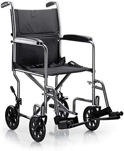 McKesson Transport Wheelchair, Silver, Black, 19 in, 1 ct | Lightweight, Steel, Silver Vein Finish