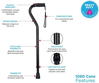 NOVA Heavy Duty Walking Cane with Offset Handle, 500 lb. Weight Capacity, Bariatric & Lightweight Adjustable Walking Stick with Carrying Strap, Black
