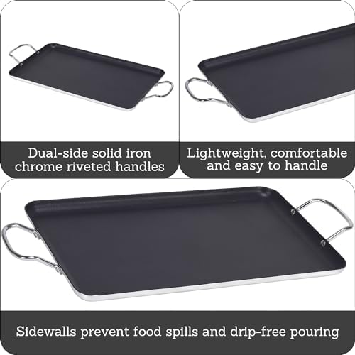 Imusa Double Burner Griddle Non-Stick 20-Inch, Black | Nonstick Coated Surface, Dual Side Handles, Ideal for Breakfast Foods, Perfect for Gatherings