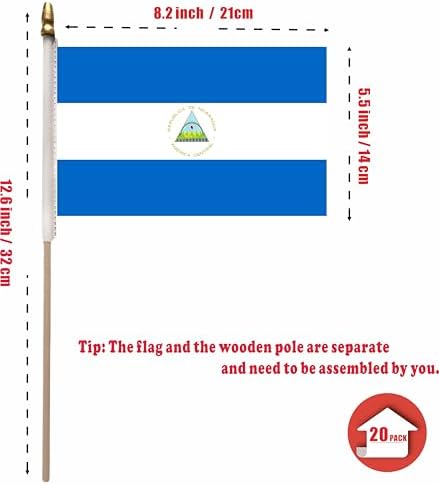 NJ & NJBW 20 Pack Small Mini Nicaragua Flag on Wooden Stick - 5 x 8inch Miniature Portable Handheld Pole Nicaraguan Flags Decorations