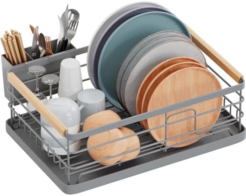 BRIAN & DANY Dish Drying Rack, Dish Racks for Kitchen Counter, Stainless Steel Dish Drainer with Removable Cutlery Holder & Drainboard, White