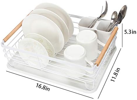 Dish Drying Rack with Wood Handle, Drain Board, White
