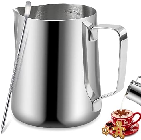 Stainless Steel Espresso Milk Frothing Pitcher - 12OZ/350ML Coffee Milk Frother Cup with Decorating Art Pen for Espresso Machine, Latte Art