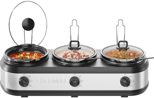 Chefman Triple Slow Cooker & Food Warmer, Three Crock Slowcooker with 2.5 Qt. Ceramic Crocks, 7.5-Quart Total Capacity, PFAS-Free, Three Temperature Settings, Dishwasher-Safe Parts – Stainless Steel