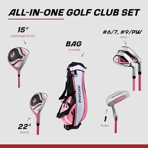 Precise - Kids Golf Club Set | Lightweight graphite shafts, hybrid & irons, putter, stand bag included, for boys and girls, ages 3-12, left/right hand