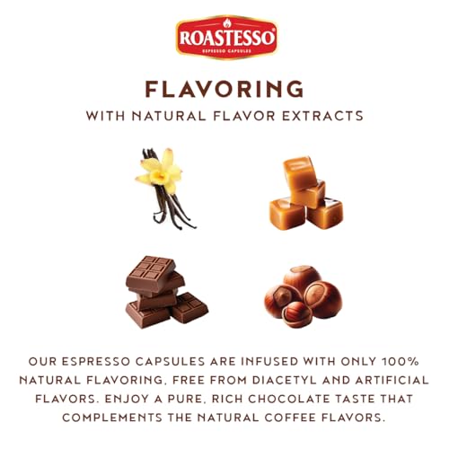 Roastesso, Aluminum Espresso Capsules, Flavors Variety Pack, Natural Flavored Coffee Pods with French Vanilla, Caramel, Chocolate & Hazelnut