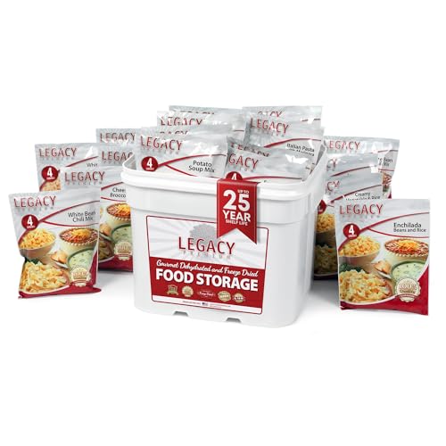 Legacy Food Storage 32 Serving Emergency Food Supply Bucket, 8 Entrees, 12,440 Total Calories, Shelf Stable Lunch & Dinner, Freeze Dried Survival Meals for MRE Camping, Hiking, Prepping
