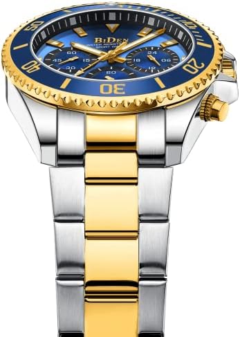 BIDEN Mens Watches Chronograph Gold Blue Stainless Steel Waterproof Date Analog Quartz Watch Business Casual Fashion Wrist Watches for Men