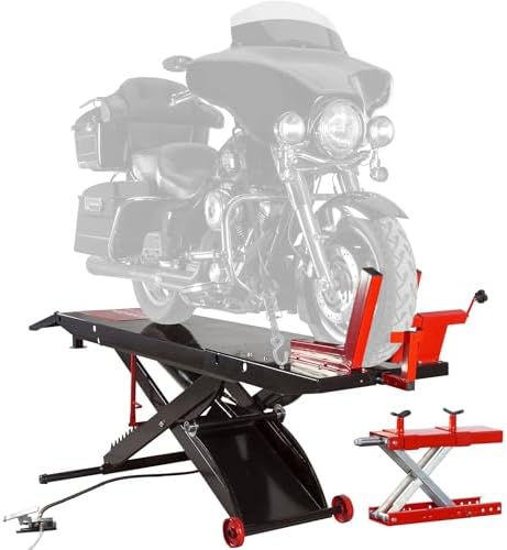 Motorcycle Lift Table, Pneumatic, 1,500 lb, ProLift, 31.25" H, Black Widow | Jack included, raise bike for service, maintenance, repair, handy, compressed air (compressor not included), push mower