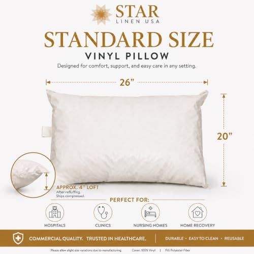 2 Pack MediCheck White Vinyl Covered Bed Pillows - Wipeable Easy Clean - Soft Low Profile Non-Fluffy Support - Not an Encasement or Zippered