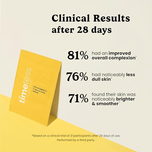 Timeless Skin Care Vitamin C Serum with Vitamin E & Ferulic Acid - Brightening Serum - for Oily & Dry Skin - Fragrance-Free - 1 oz | Vitamin C Serum for Even Skin Tone and Collagen Support, Antioxidant-Rich Advanced Skincare Formula, Lightweight