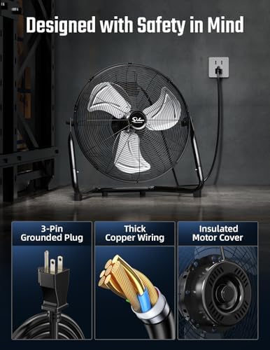 Simple Deluxe 20 Inch 3-Speed High Velocity Heavy Duty Metal Industrial Floor Fan for Warehouse, Workshop, Factory and Basement, Black, 1 Pack