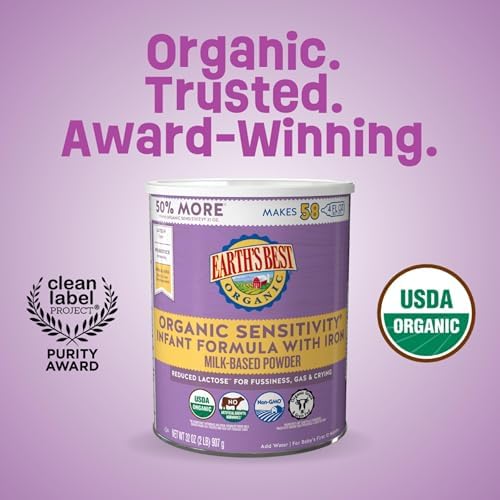 Earth's Best Organic Sensitivity Infant Formula for Babies 0-12 Months, Reduced Lactose Powder Formula with Iron, Omega-3 DHA, and Omega-6 ARA, 32 Ounce Value Container