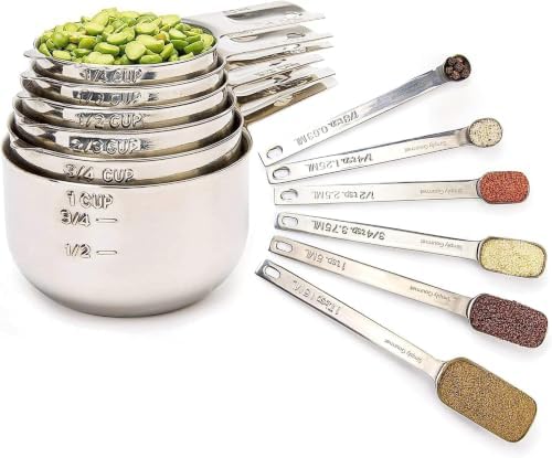 Simply Gourmet Measuring Cups & Spoons Set of 12, 18/08 Stainless Steel Kitchen Gadgets, Stackable Design with Long Handle Spoons, Fits in Spice Jars, Cooking & Baking Set for Dry & Liquid