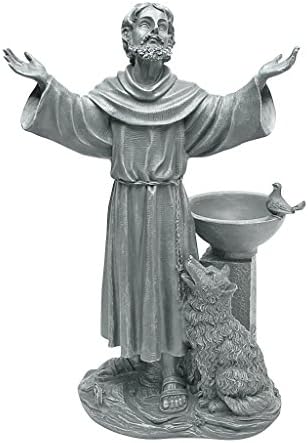Design Toscano Francis of Assisi Blessing Religious Garden Decor Statue with Bird Bath Feeder, 19 inches Tall, Cast Stone Resin, Gray Stone Finish