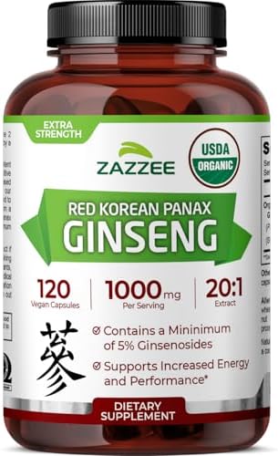Zazzee USDA Organic Red Korean Panax Ginseng 20:1 Extract, 120 Capsules | 1000 mg Per Serving, 5% Ginsenosides, Vegan, 4 Month Supply