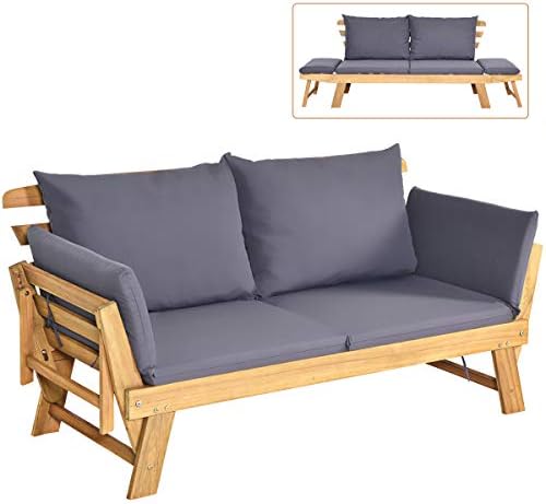Tangkula Convertible Acacia Wood Patio Couch Sofa Bed with Adjustable Armrest, Outdoor Daybed with Cushion & Pillows