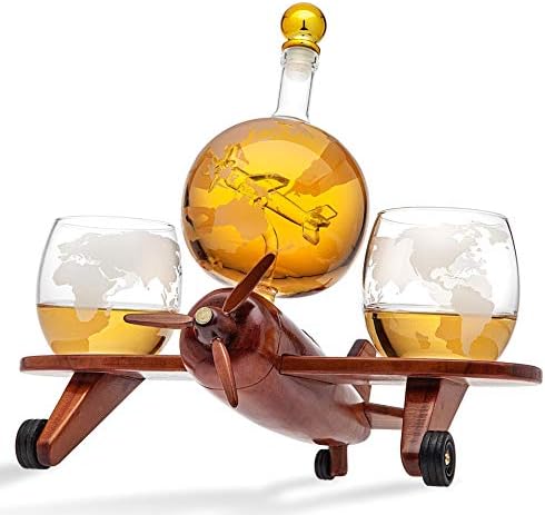 Godinger Whiskey Decanter Airplane Globe Set with 2 World Whiskey Glasses - for Liquor Scotch Bourbon Vodka