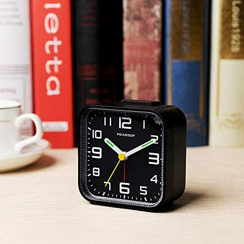 Peakeep Small Battery Operated Analog Travel Alarm Clock Silent | No Ticking, Lighted on Demand and Snooze, Beep Sounds, Gentle Wake, Ascending Alarm, Easy Set (Black)