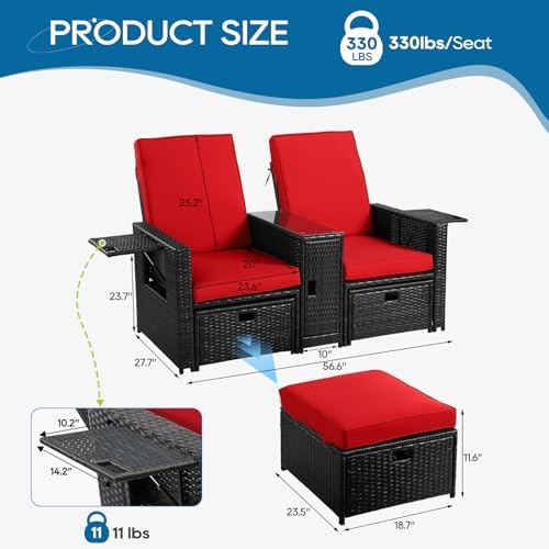 5PCS Outdoor Wicker Chaise Lounge Chair - Rattan Adjustable Reclining Patio Lounge Chair with Ottoman and Coffee Table