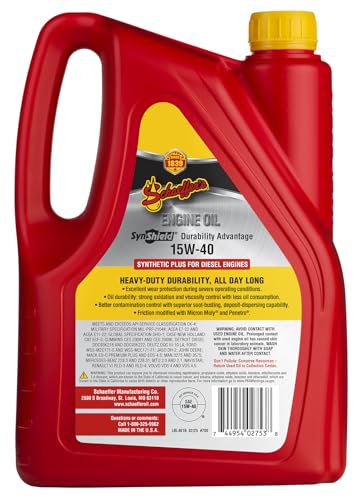 Schaeffer Manufacturing Co. 0700CK4-006 SynShield Durability Advantage Diesel Engine Oil 15W-40, 1-Gallon Bottle (Pack of 6)