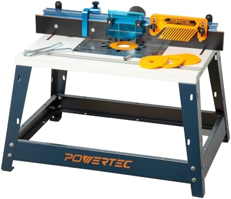 POWERTEC Benchtop Router Table w/Metal Stand and Adjustable Fence Set – 24" x 16" Laminated MDF Top, Aluminum Insert Plate, 2-1/2" Dust Port