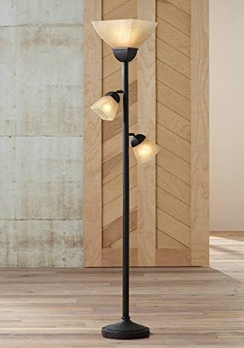 Antonio 71 1/2" Tall Bronze and Champagne Glass Torchiere Floor Lamp | Rustic Farmhouse Mission Roman 3-Light Frosted Amber Shade for Living Room