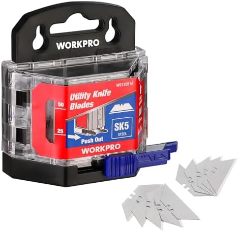 WORKPRO Utility Knife Blades, 100-Pack SK5 Steel Blades with Dispenser | Premium Steel Standard Blades for Box Cutter, Ideal for Cardboard, Leather, Carpet, Rope, Soft Metal, Pipe, etc