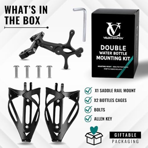 VeloChampion Universal Bike Water Bottle Holder Mount & 2 Cages, Standard | Rear Bike Saddle Bottle Cage Mount for Triathlon & Road Cycling. Holds 2 Bottles up to 750ml, Fits Saddle Rails 50-80mm