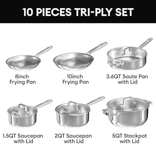 Tri-Ply Stainless Steel Cookware Set, 10pcs Pots and Pans Set Non Toxic | PFOA Free, Oven Safe to 900℉, Dishwasher Safe, All Cooktop Compatible