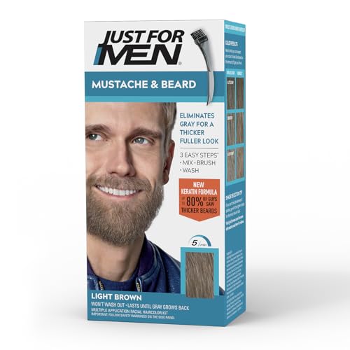 JUST FOR MEN Mustache & Beard Dye, Keratin, Light Brown M-25 (1 Pack) | Mustache & Beard color light brown designed for facial hair to instantly eliminate gray. Enhanced with keratin & biotin.