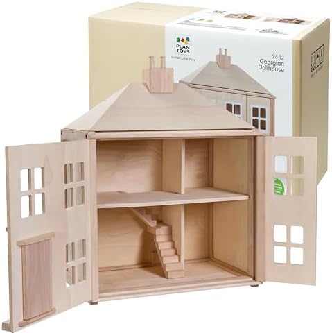PlanToys® Green Wooden Dollhouse with Solar Panel, Wind Turbine & Furniture | recycling system, eco-friendly doll house, sustainable pretend play, kids, girls, environmental learning gift for boys