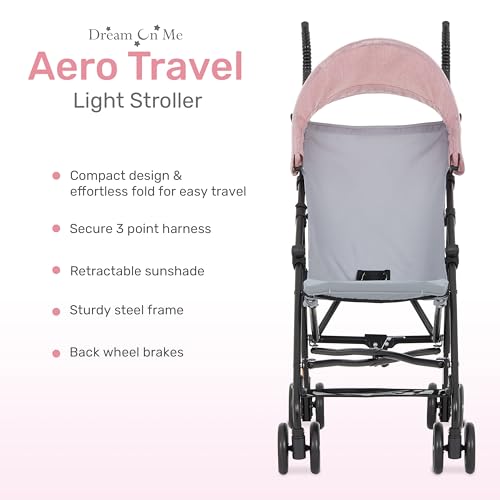 Dream On Me Aero Travel Umbrella Stroller, 1-Hand Fold, Lightweight, Black | 3 Point Safety Harness, Dual Brakes, Adjustable Removable Canopy, Sturdy Steel Frame, Compact, For Toddlers 6-36 months