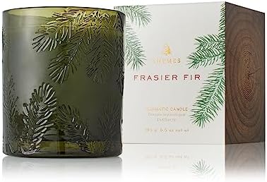 Thymes Frasier Fir Candle - Molded Green Glass Jar with Pine Needle Design - Winter Candle Gifts for Women & Men - Fresh Home Fragrance - Notes of
