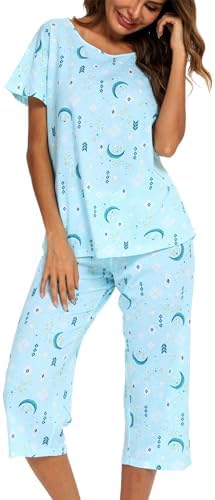 ENJOYNIGHT Womens Pajama Set Cotton Summer Pj Top with Capri Pant Sleepwear