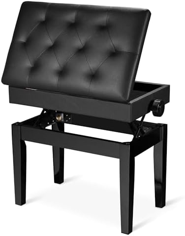 AW Adjustable Piano Bench with Storage Brown Wooden Keyboard Stool Seat | Leather Cushion Paino Chair for Piano Shop Music School Studio Capacity 400lbs