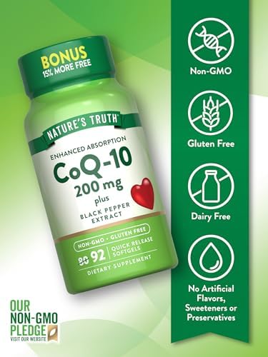 Nature's Truth CoQ10 200 mg Softgels | 92 Count | Enhanced Absorption | with Black Pepper Extract | Non-GMO & Gluten Free Supplement | with Black