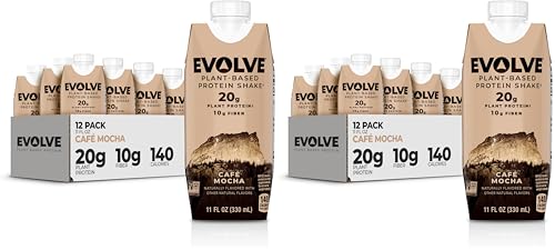 Evolve Plant Based Protein Shake, Café Mocha, 20g Vegan Protein, Dairy Free, No Artificial Sweeteners, Non-GMO, 10g Fiber, 11oz, (12 Pack) (Formula May Vary)