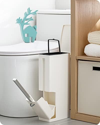Baffect 2 Liter White Slim Bathroom Trash Can with Lid and Toilet Brush Holder | RV Small Bathroom Trash Bin With Hidden Long Handle Toilet Rim Brush