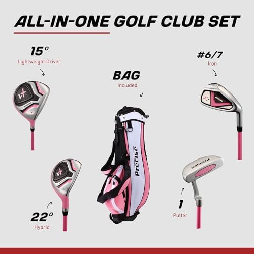 Precise - Kids Golf Club Set | Lightweight graphite shafts, hybrid & irons, putter, stand bag included, for boys and girls, ages 3-12, left/right hand