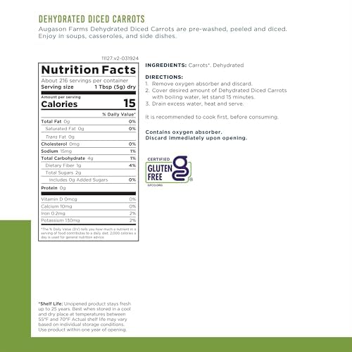Augason Farms Dehydrated Diced Carrots Can | Emergency Food Supply, 216 Servings, 25 Year Shelf Life, Great for Cooking, Baking, and Snacks, Dehydrated Meals