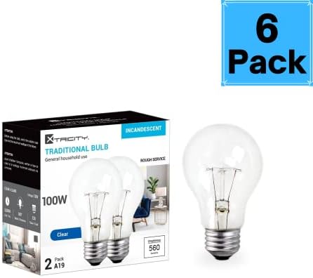 Xtricity A19 Clear Incandescent Rough Service Light Bulb, 100 Watt, 2700K Soft White, E26 Medium Base, 1020 Lumens, 130V (6 Pack)