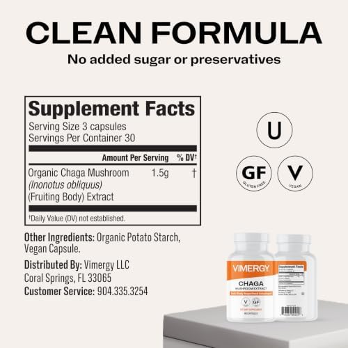 Vimergy Chaga Capsules – Superfood Cellular Support* – Cardiovascular Health Benefits* – Kosher, Vegan, Gluten-Free – 90 Capsules | Superfood Adaptogen*, Immunity for cell tissues*, Polyphenols for Antioxidant protection*, Vegan and Kosher