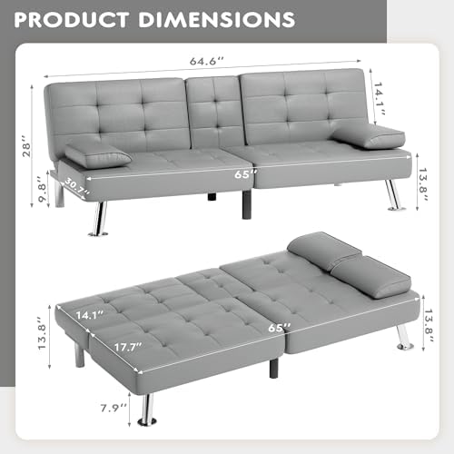JUMMICO Faux Leather Futon Sofa Bed, Sleeper Sofa with Adjustable Backrest