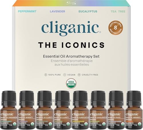 Cliganic Organic Aromatherapy Essential Oils Gift Set (Top 8 - The Iconics), 100% Pure - Peppermint, Lavender, Eucalyptus, Tea Tree, Lemongrass