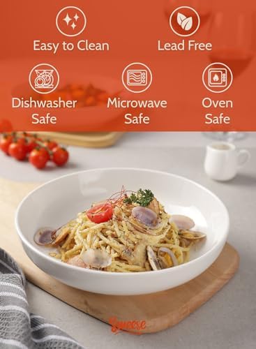 Sweese 22oz Porcelain Pasta Bowls Set of 6-7.6 Inch White Salad Serving Plates, Microwave Dishwasher Safe Dinnerware