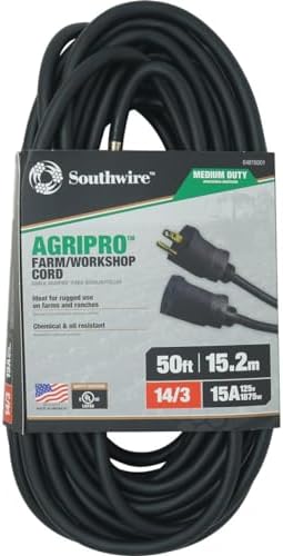 Southwire AGRIPRO 12/3 Heavy Duty Extension Cord, 25ft, Farm/Workshop Cord, SJTOW, Black, 67729001