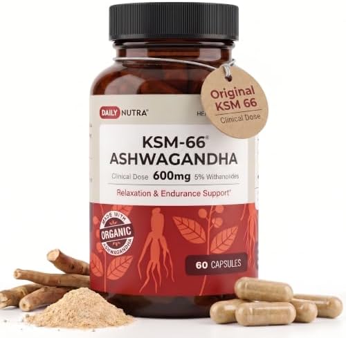 DailyNutra KSM-66 Ashwagandha 600mg Organic Root Extract - High Potency Supplement with 5% Withanolides | Relieves Tiredness, Supports Relaxation, Focus, Energy, & Muscle Growth (90 Capsules)