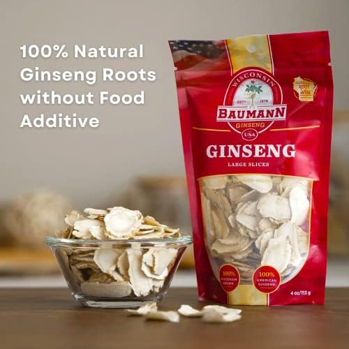 Baumann Wisconsin Ginseng - Medium Slices 4 oz - 100% Natural Panax Ginseng Herb, Pure Dried American Ginseng for Enhanced Focus & Energy